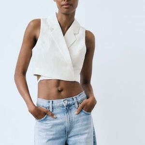 Zara White Notched Collar Wrap Crop Top